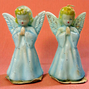Gurley Christmas Candles Lot of 2 Angels Praying Glitter Wing Vintage 5" H Unlit